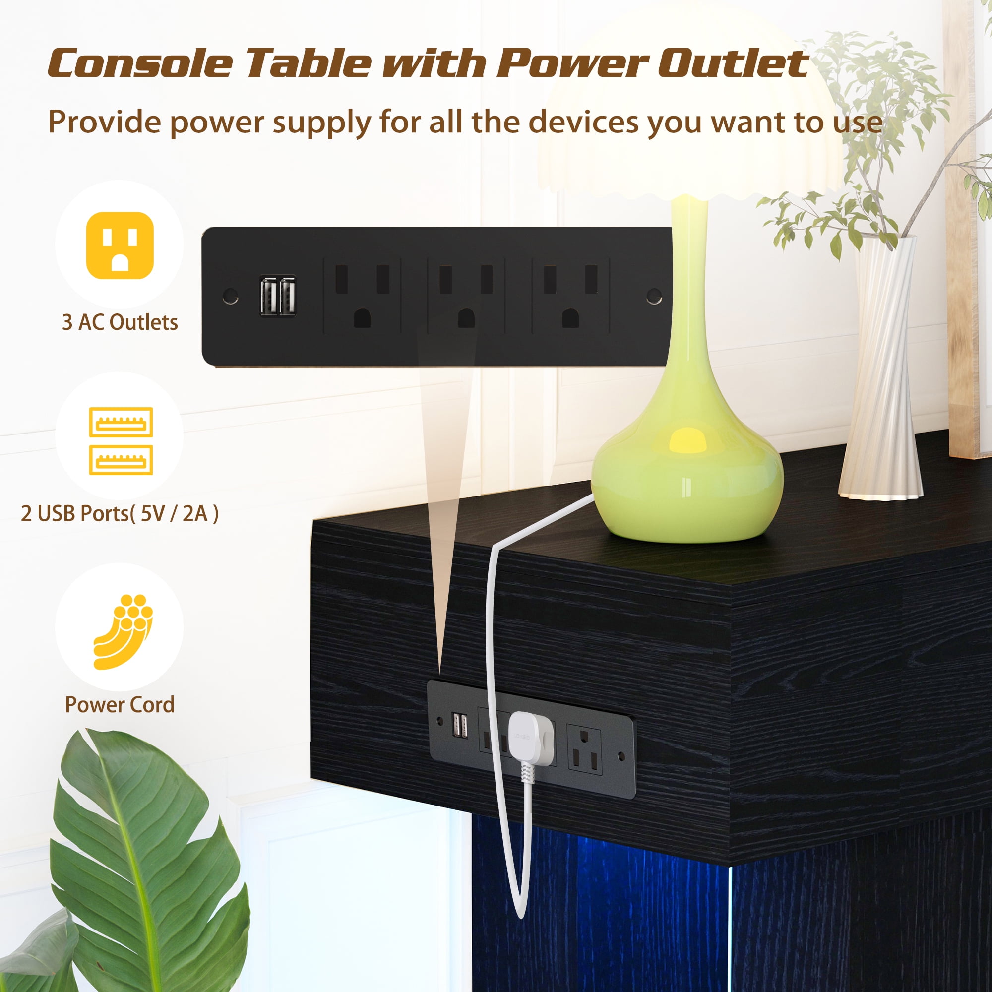 Haverchair 63 Inch Long Console Table with Outlets and USB Ports, Wooden Sofa Table Behind Couch with LED Lights, Farmhouse Rectangular Entryway Accent Table for Living Room, Hallway, Entrance