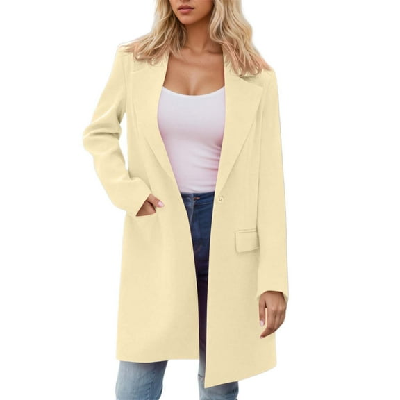 Wuxian Womens Trench Coat Solid Color Button Down Long Sleeve Notched Collar Jacket Long Length Overcoat Autumn Winter Windbreaker Coat Street Wear,Beige,L