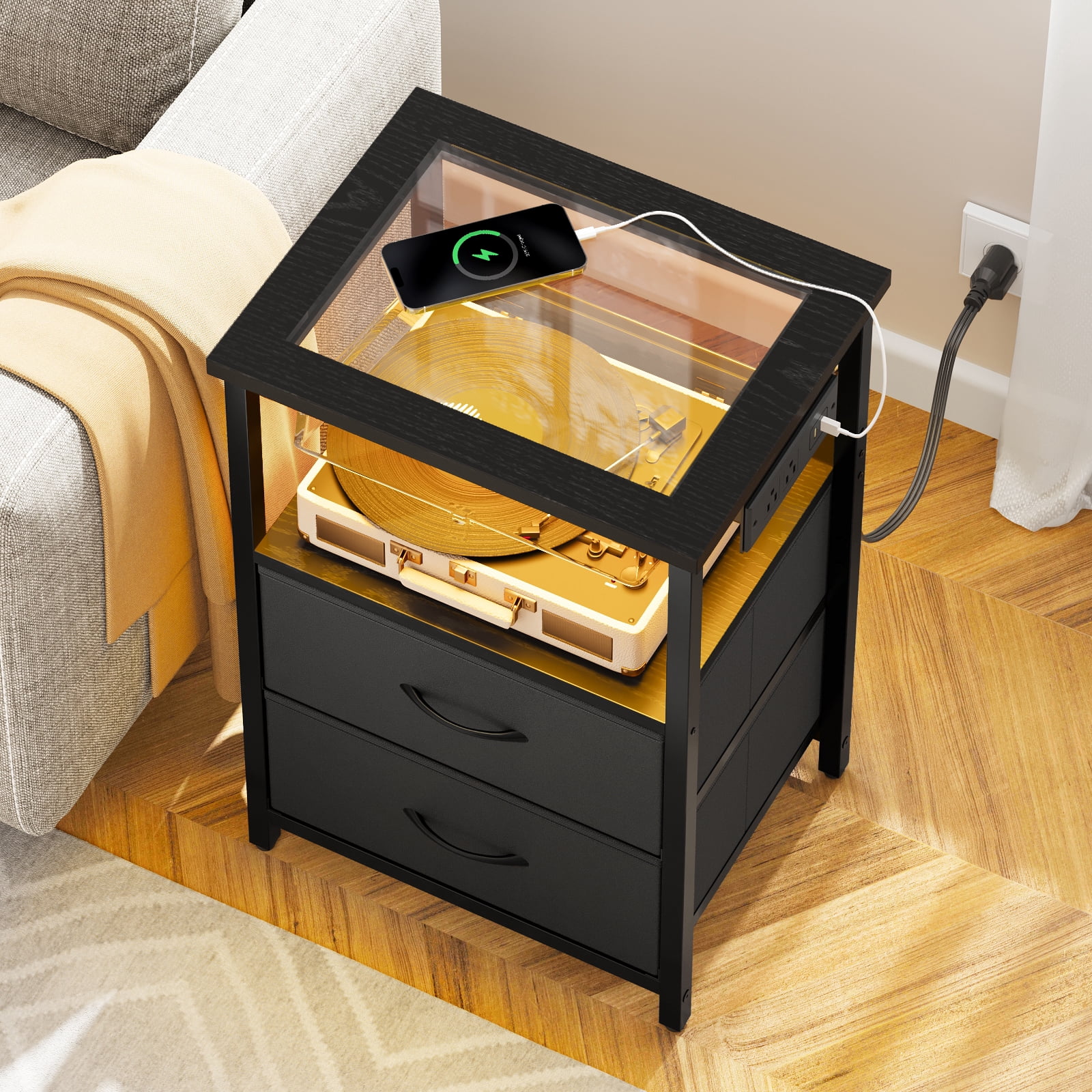 TOMNK Nightstand with LED Lights & Charging Station, Side Table with Tempered Glass Top, USB Ports & Outlets, Fabric Drawers for Bedroom/Living Room, Black