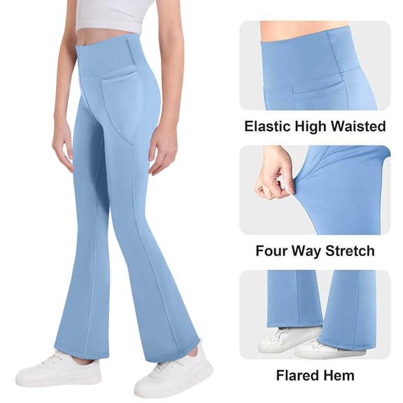 Hurxie Girl's Bootcut Yoga Pants with Pockets,High Waisted Casual Kids Bell Bottoms Pants Light Blue,8-9 Years