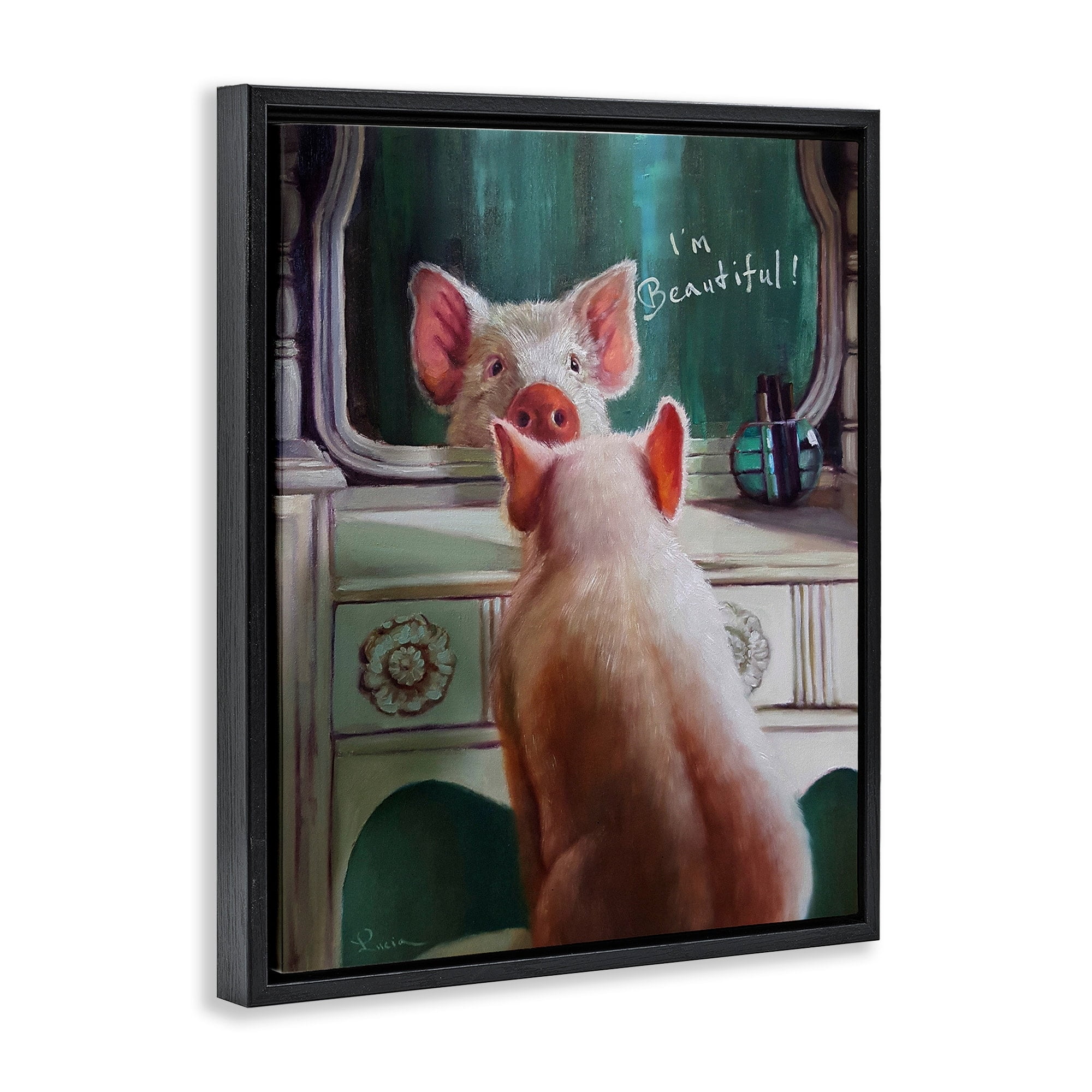 Stupell Industries I'm Beautiful Painted Pig in Mirror Illustration Jet Black Framed Floating Canvas Wall Art, 24x30, by Lucia Heffernan