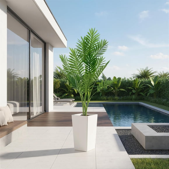 AKDSteel Artificial Palm Tree, Tall Faux Areca Plant With Lifelike Leaves In White Tall Planter For Indoor Home Or Office Decor