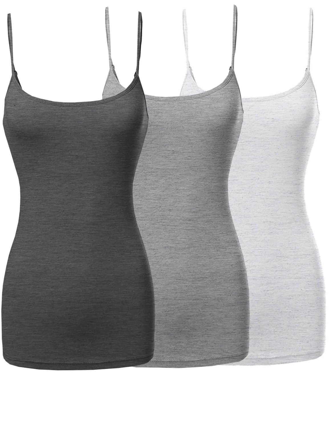 3 Packs - Womens & Plus Sizes Basic Solid Long Length Adjustable Spaghetti  Strap Tank Top Camisoles 
