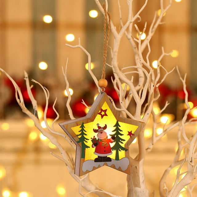 Adorno de estrella LED con luces cálidas - Colgante de madera de Papá Noel y muñeco de nieve - Decoración del árbol de Navidad de 4,13 pulgadas