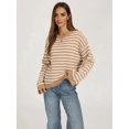 thumbnail image 5 of Women's Long Sleeve Sweater Striped Oversized Sweaters Casual Crewneck Knit Tops Khaki L, 5 of 10