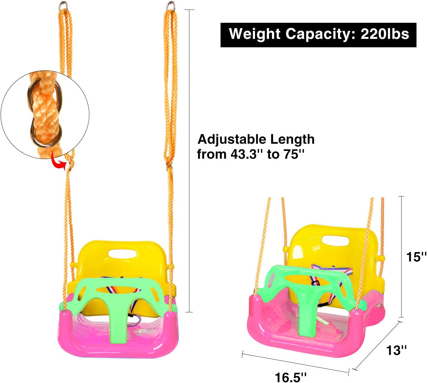 JBeeCtrl 3-in-1 Baby Swing Sets with Hanging Strap and Hooks for Outside Toddler Swing Anti-Flip Snug & Secure Detachable Infants to Kids Swing Seat for Indoor/Outdoor Playset（Pink）