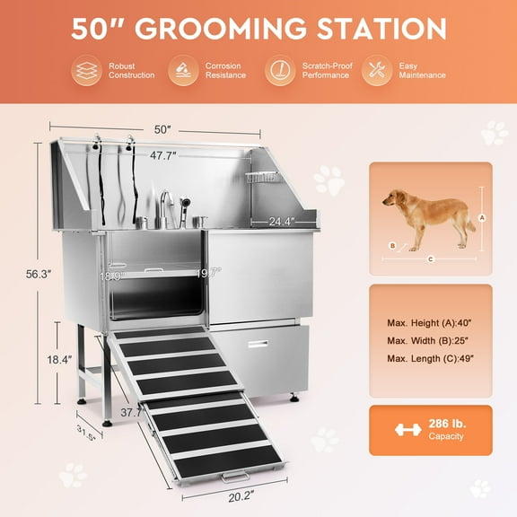 Bestco  50" Stainless Steel Dog Bathing Station with Nonskid Ramp for Large Dogs