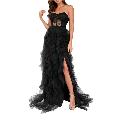 Evening Dresses For Women Elegant Cocktail Formal Fashion Women Sexy Sleeveless Strapless Backless Lace Evening Long Dress Black L