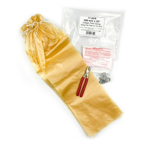 The Sausage Maker - 100mm (3 7/8") x 22" Collagen Casing Kit - Includes Sausage Casings, Pliers, Hog Rings and Insta Cure #1