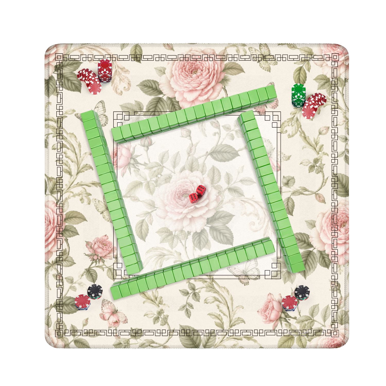 Mahjong Mat 31.5" x 31.5" Vintage Floral Pink Roses Butterflies Beige Non-Slip Noise Reduction American Mahjong Tiles Table Cover for Dominoes Poker Card Board Games Gift