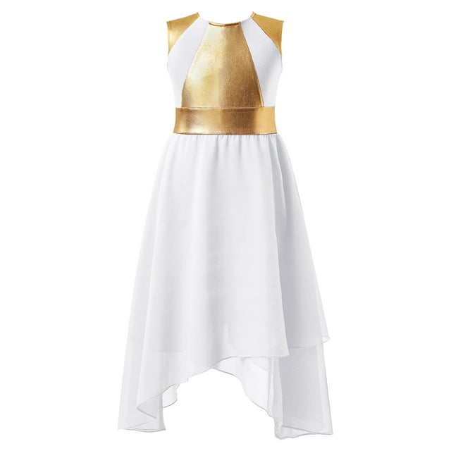 Miutii Robe de Danse Sans Manches à Sequins Asymétrique pour Filles Enfants Costumes de Performance Blanc 16