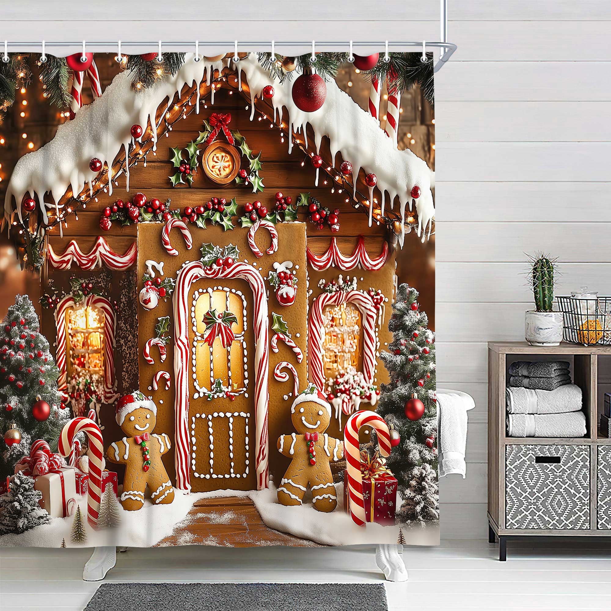 Christmas Kids Shower Curtain, Gingerbread House Snowflake Holiday Fabric Bath Curtain, Xmas Pine Tree Restroom Decor Bathroom Accessories with Hooks, 72X72in