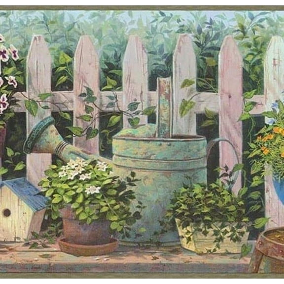 Concord Wallcoverings Wallpaper Border Garden Pattern Flowers Pots Leaves Fence Birdhouse Watering Can Barrel for Farmhouse Cottage, Green Blue White Yellow Orange Aqua, 8 Inches by 15 Feet PC95022B