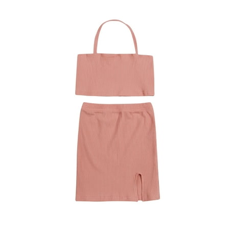 

KuriozudKids Summer Girls Halter Neck Crop Tops Short Slit Skirt