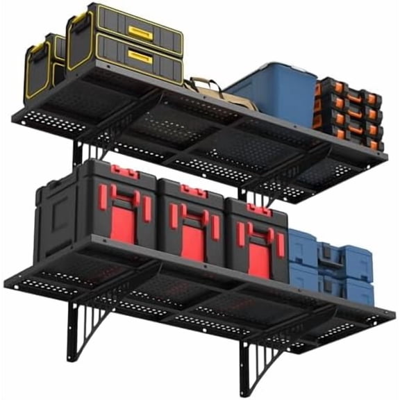 2 Pack 1.5x3.6ft Heavy Duty Garage Wall Shelving Set, Black Floating Shelves 530 lbs Load Capacity, Garage Shelves Wall Mounted for Power Tools, Garden Supplies, Storage Bins