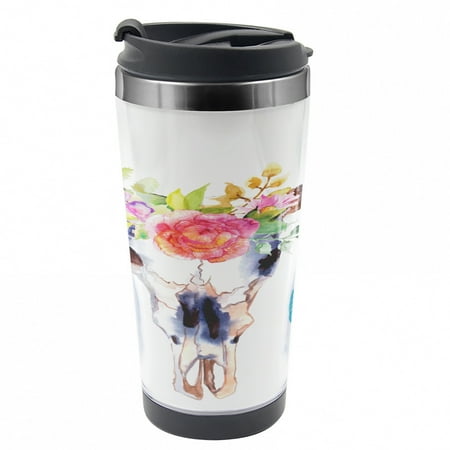 

Watercolor Travel Mug Bull Skull Boho Plant Steel Thermal Cup 16 oz by Ambesonne