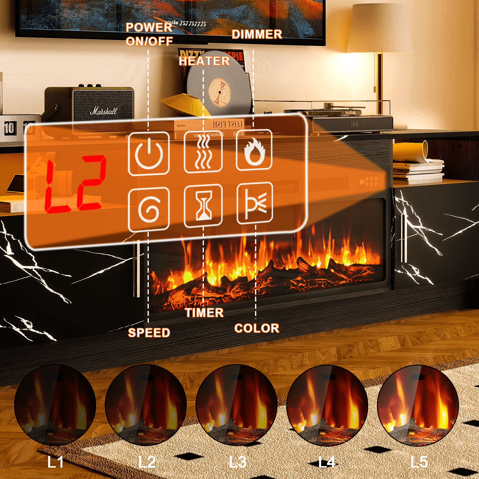 Rocyis 70” TV Stand with 3D Realistic Log Flame Electric Fireplace, Entertainment Center for TVs Up to 80-Inch, Modern TV Console with High Glossy Doors & LED Lights, Marble