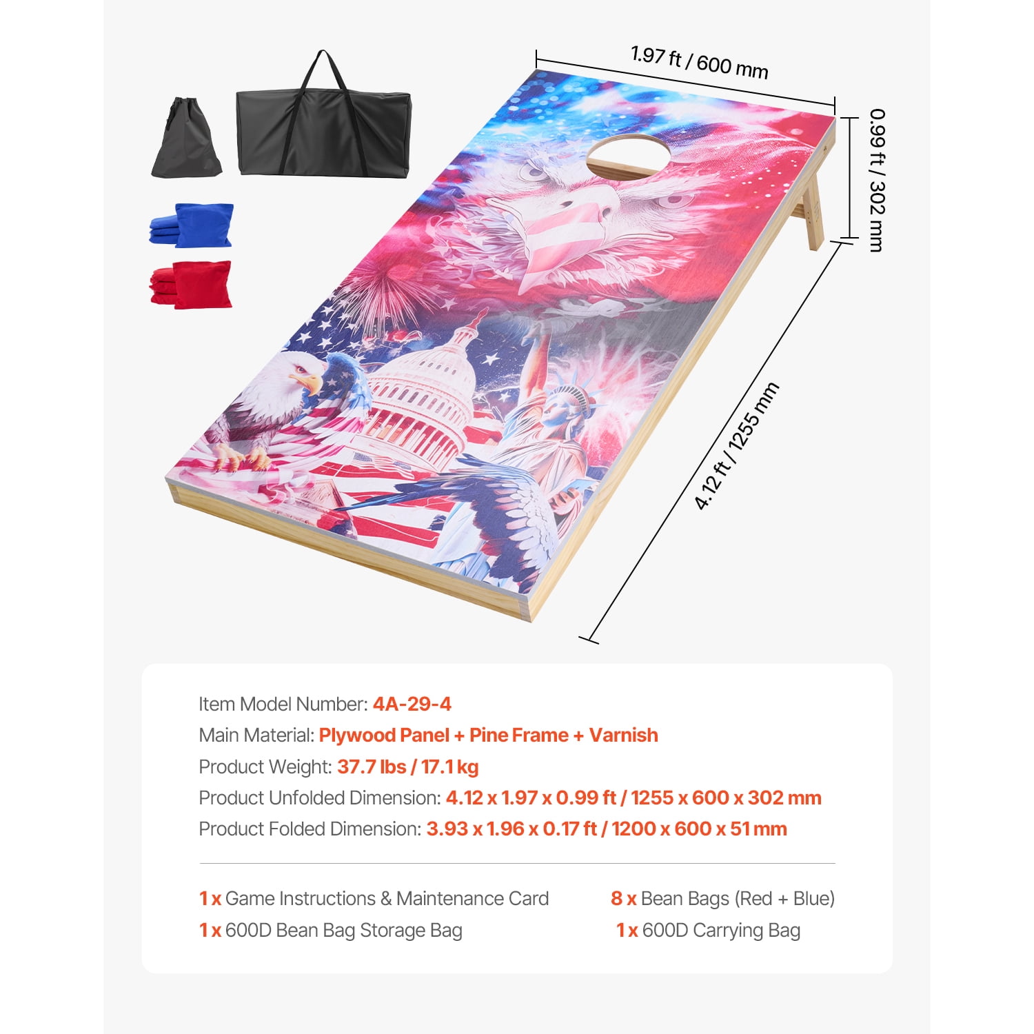 KFFKFF Cornhole Game Set, 4x2 ft Wooden Toss Boards, Portable Design for Indoor and Outdoor Play, Includes 8 Bean Bags and Carrying Case, Ideal for Yard, Backyard, Beach, and Camping Activities