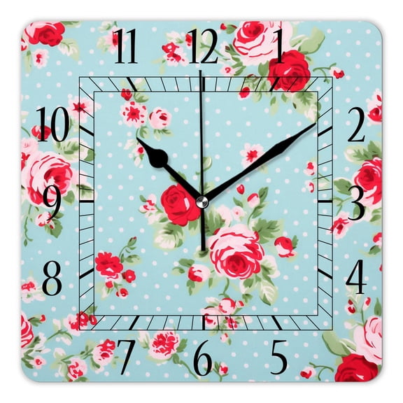 12 Inch Wall Clock Battery Operated Square Clock Decorative for Office, Kitchen, Outdoor, Living Room,Bunch of Spring Flowers Vintage Rose Design