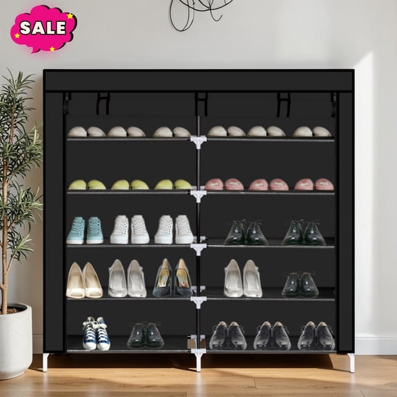 GZXS Shoe Rack, 6-Tier Shoe Organizer with Cover, Space Saving Shoe Shelf for Closet, Entryway, Living Room, Easy Assembly, Black
