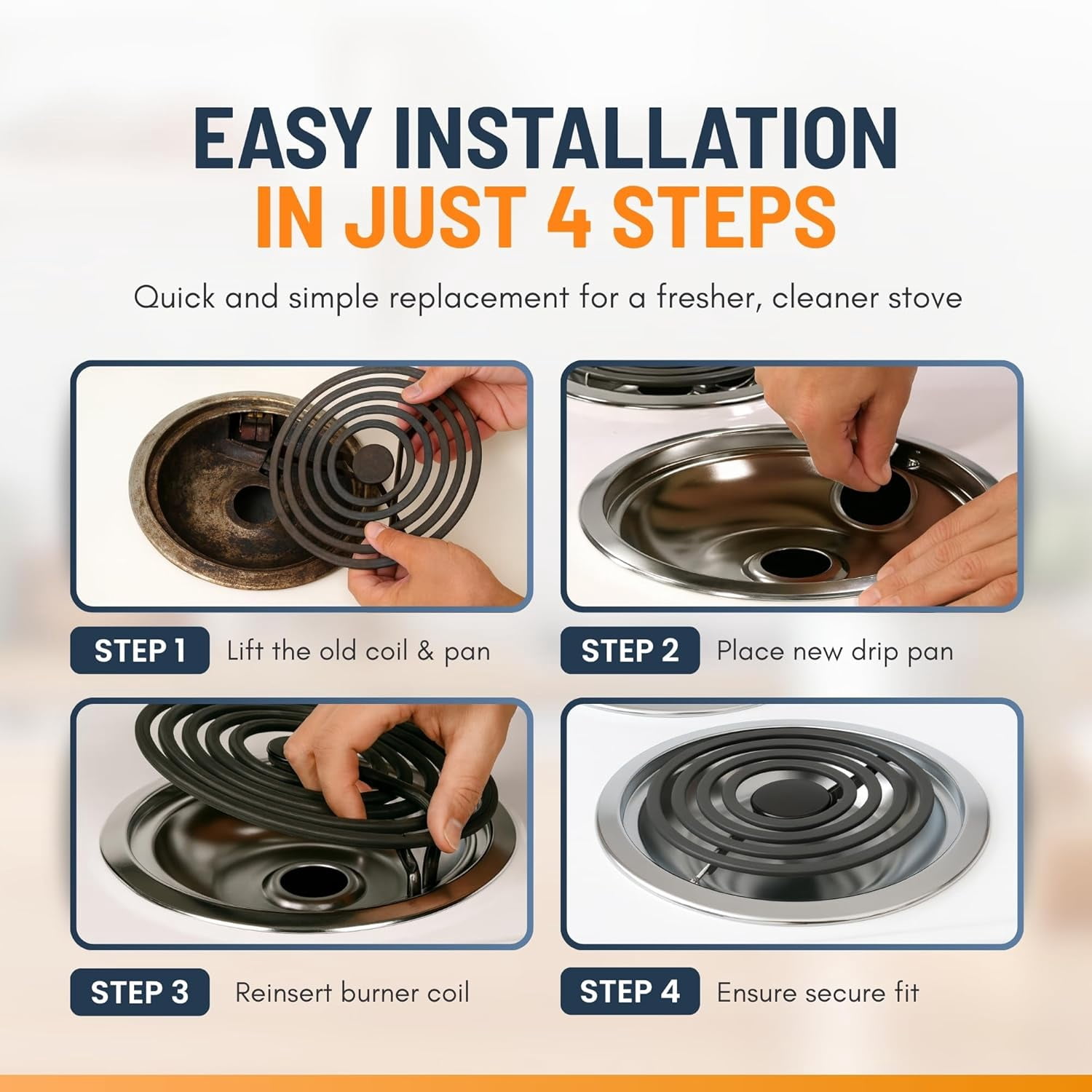 Electric Stove Drip Pans Set of 4 (2 x 6-Inch & 2 x 8-Inch) Stove Drip Pans for Electric Stove for Whirlpool, Maytag, KitchenAid & More - Compatible with W10196405 & W10196406 Stove Burner Drip Pan