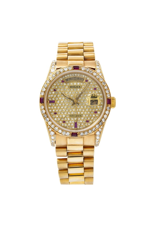 Pre-Owned Rolex Day-Date 18038 36MM Diamond And Gemstone Dial And Bezel With Yellow Gold Presidential Bracelet