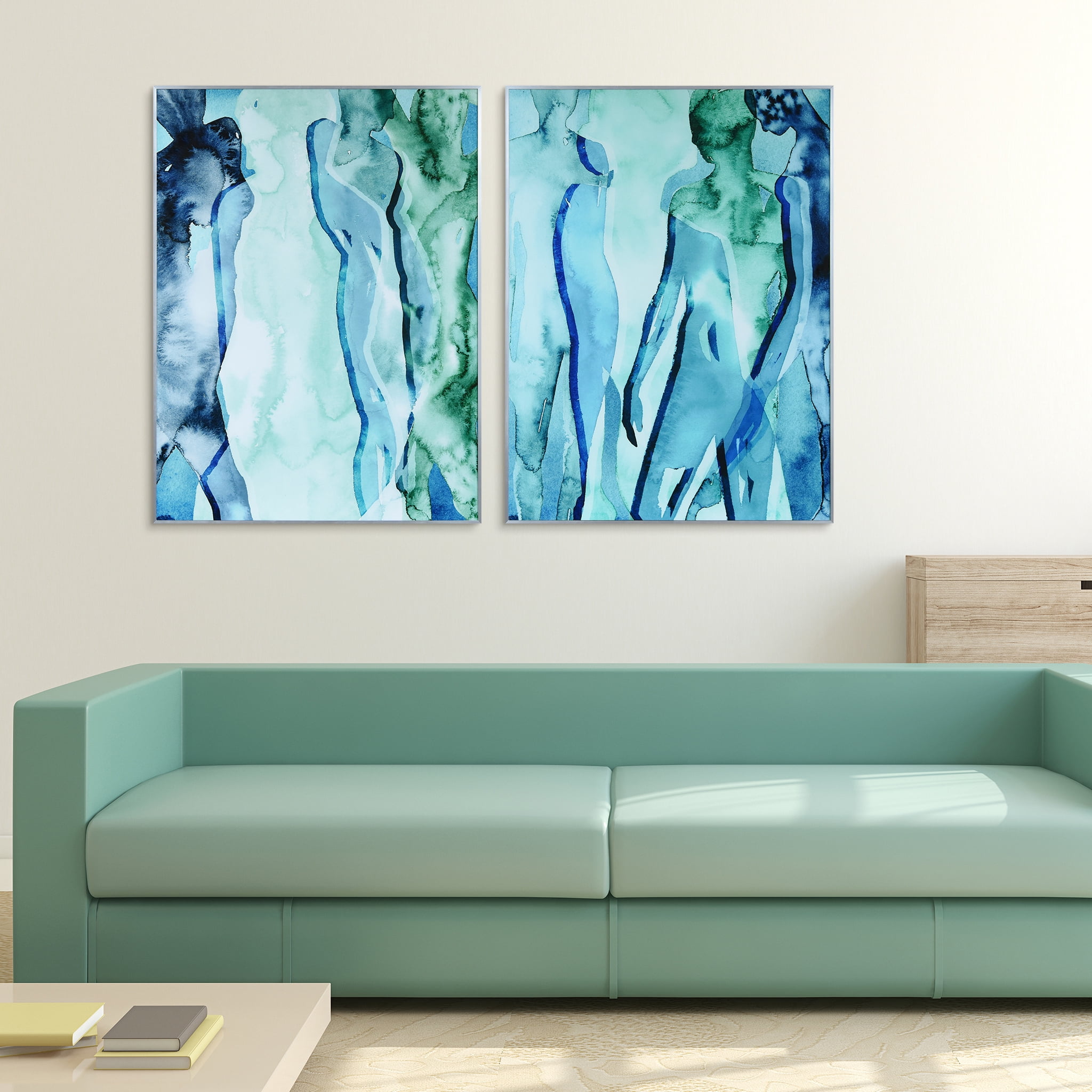 Empire Art Direct Blue & Green Silhouette Printed on Glass Art with Anodized Aluminum Silver Frame Wall Art, 40" x 30" each, Ready to Hang