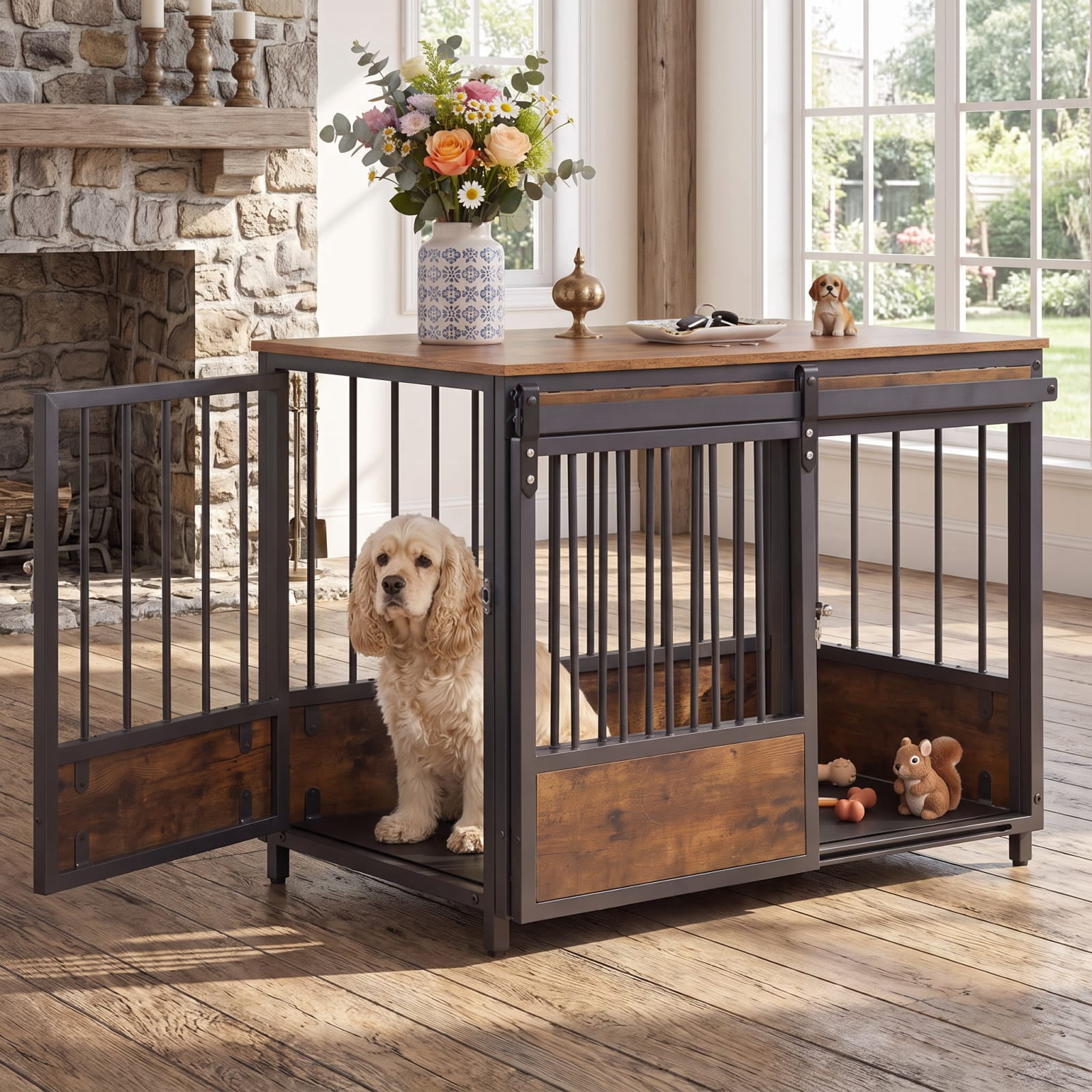 Vebreda 32.5-inch Furniture Style Dog Crate with 2 Doors, Sliding Barn Door and Oxford Mat, Rustic Brown