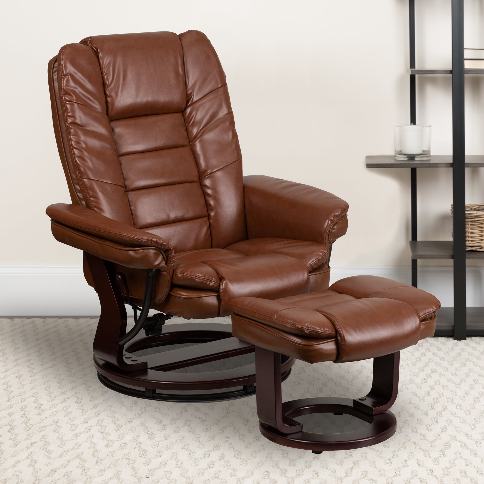 Emma + Oliver Multi-Position Stitched Recliner/Ottoman with Swivel Base in Vintage LeatherSoft