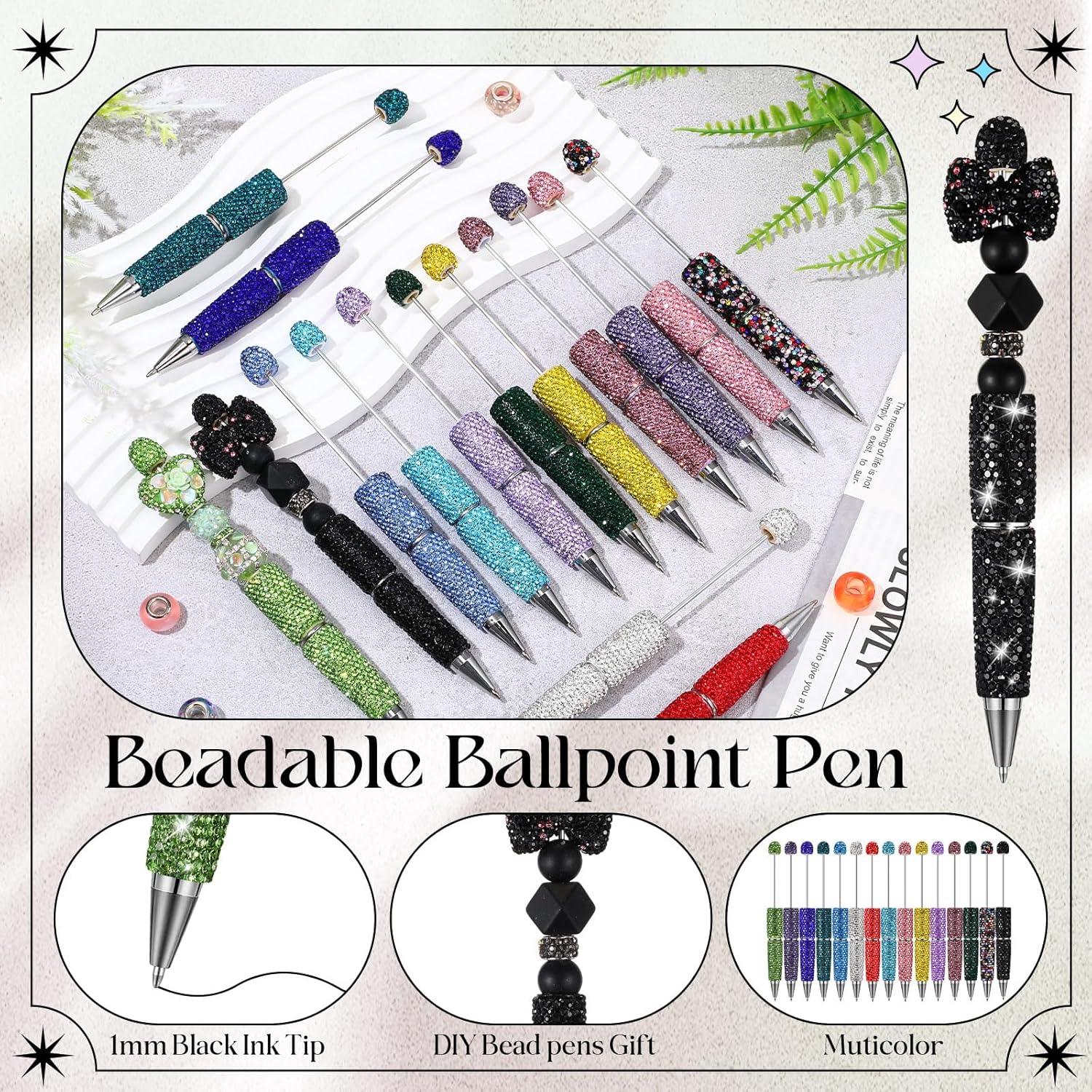 15Pcs Full Rhinestone Glitter Beadable Pens, DIY Diamond Pen Kit for Journaling & Craft Making
