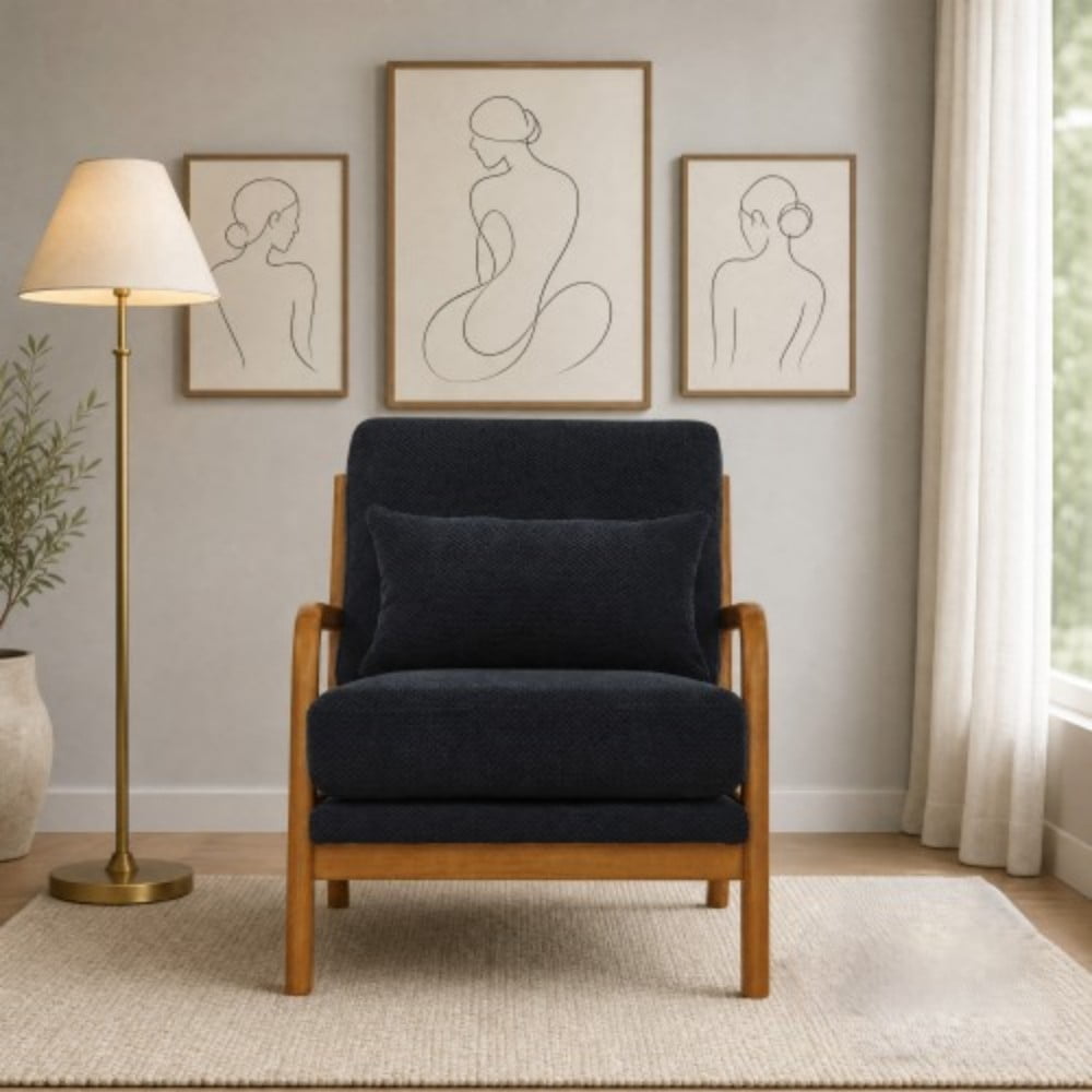 Wooden Lounge Chair, Modern Upholstered Accent Chair with Solid Wood Armrests, High-Density Foam Cushion, Reclined Backrest for Living Room, Bedroom & Office, Matt Black