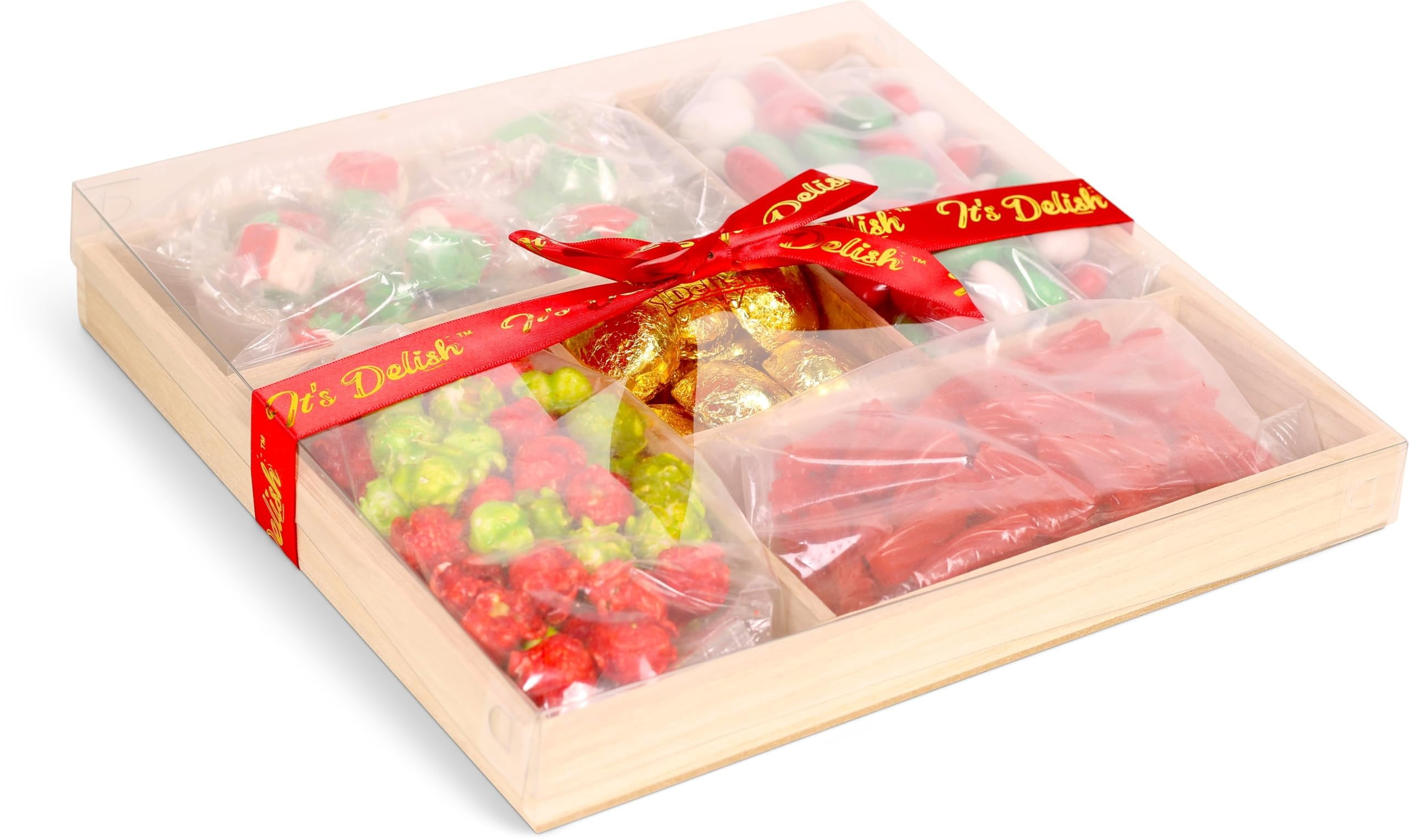 Christmas Candy Gift Tray - by It's Delish  Wood Platter with Holiday Treats and Candies for Gifts and Parties  Red Green White Peppermint Taffy, Popcorn, Jordan Almonds, Chocolate Creme, Licorice