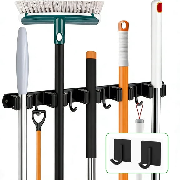 Mop and Broom Holder Wall Mount with 5 Racks & 4 Hooks, Wall Mount Tool Rack Organizer for Kitchen, Laundry, Garage, Garden Storage, Black- Includes 2 Extra Hooks