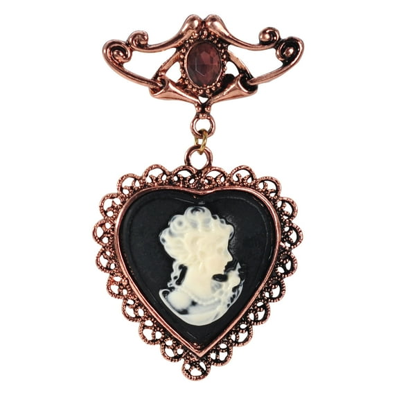 Copper Tone Purple Crystal Stone Vintage Victorian Heart Cameo Lady Women Brooch Pin