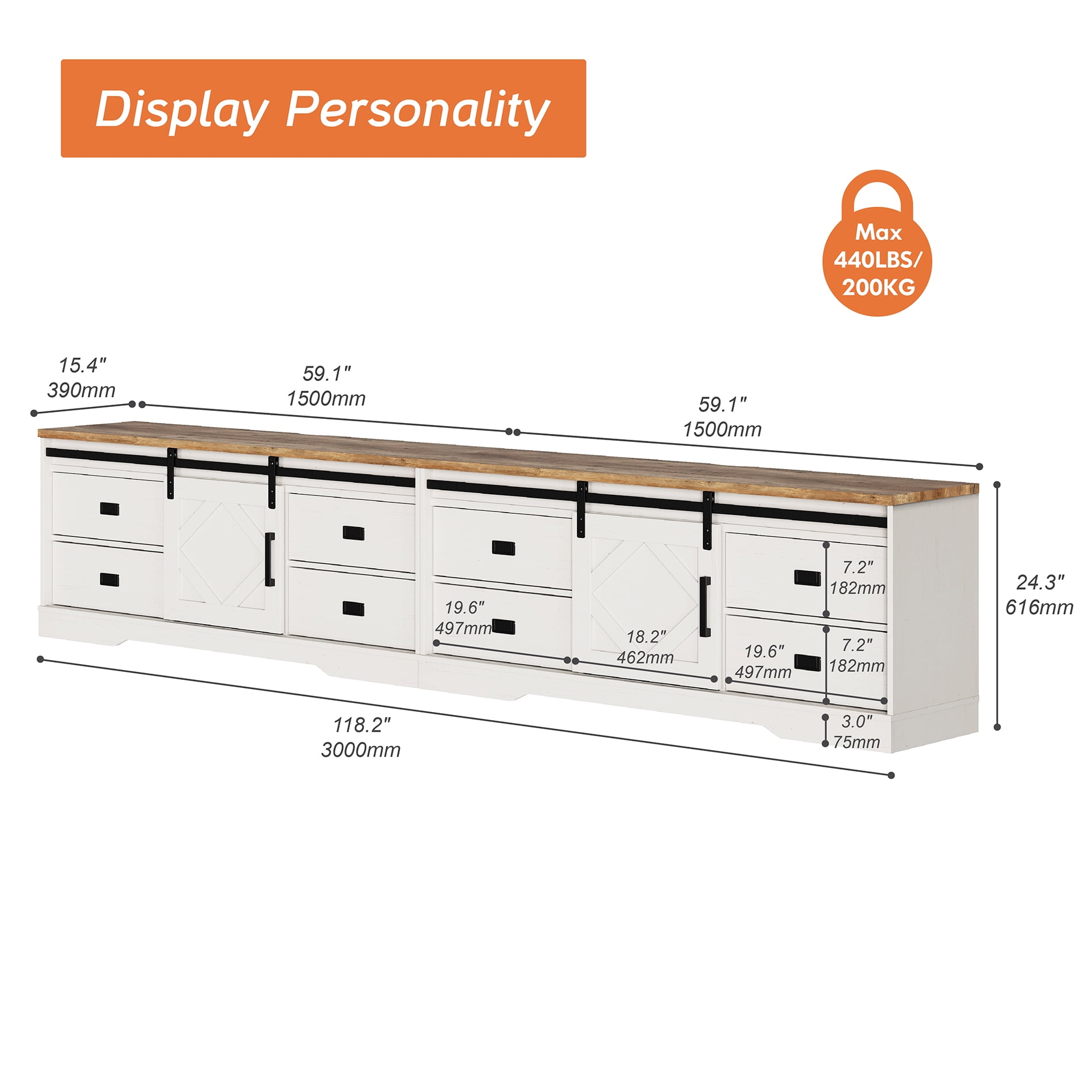 Modern TV Stand for up to 110" TVs with Drawers and Adjustable Shelf for Living Room, Cream White