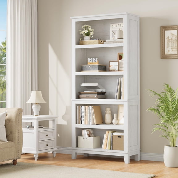 Bookcase 5-Tier Tall Narrow Bookshelf with Adjustable Shelves, Modern White Storage Rack with Wooden Legs for Home Office Living Room Farmhouse