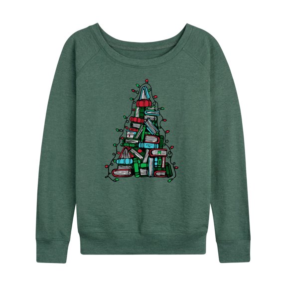 Instant Message - Book Christmas Tree Lightweight French Terry Wide Neck Long Sleeve Graphic Shirt