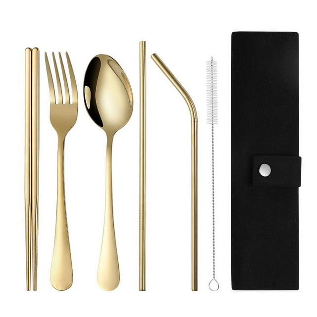 Nvzi Portable Travel Silverware Set with Case, featuring stainless steel flatware in gold. Includes two forks, two spoons, two chopsticks, two straight straws, two bent straws, two cleaning brushes, and two black storage bags. Each utensil is ergonomically designed and reusable, ideal for lunch or travel. The set is compact and durable, with a sleek black case for easy storage and portability.
