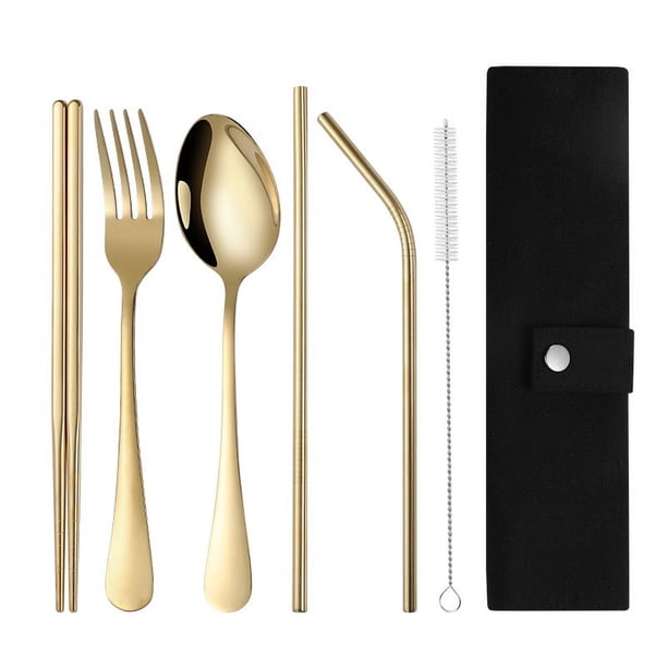 Zhuge Juego de cubiertos de viaje portátil con estuche, juego de cubiertos de acero inoxidable, juego de utensilios reutilizables para el almuerzo, incluye bolsa de almacenamiento (dorado)