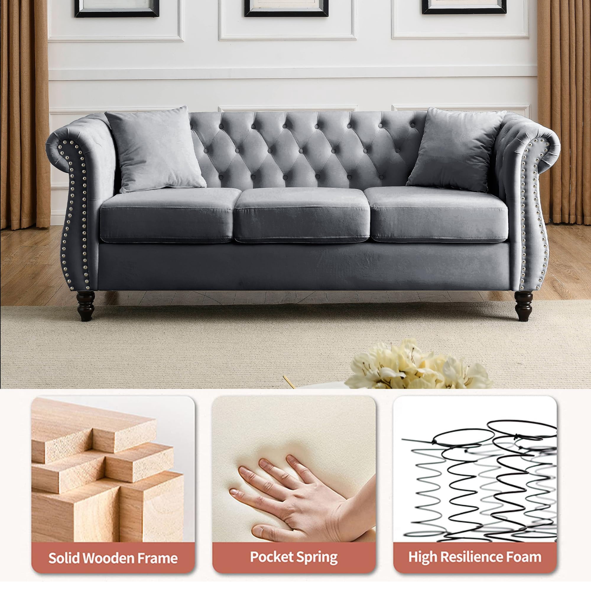 2 Piece Chesterfield Velvet Sofa, 80" 3-Seater and 59" Loveseat Sofa Set, Tufted Couch with 4 Pillows,Rolled Arms and Nailhead for Living Room, Bedroom, Office, Grey