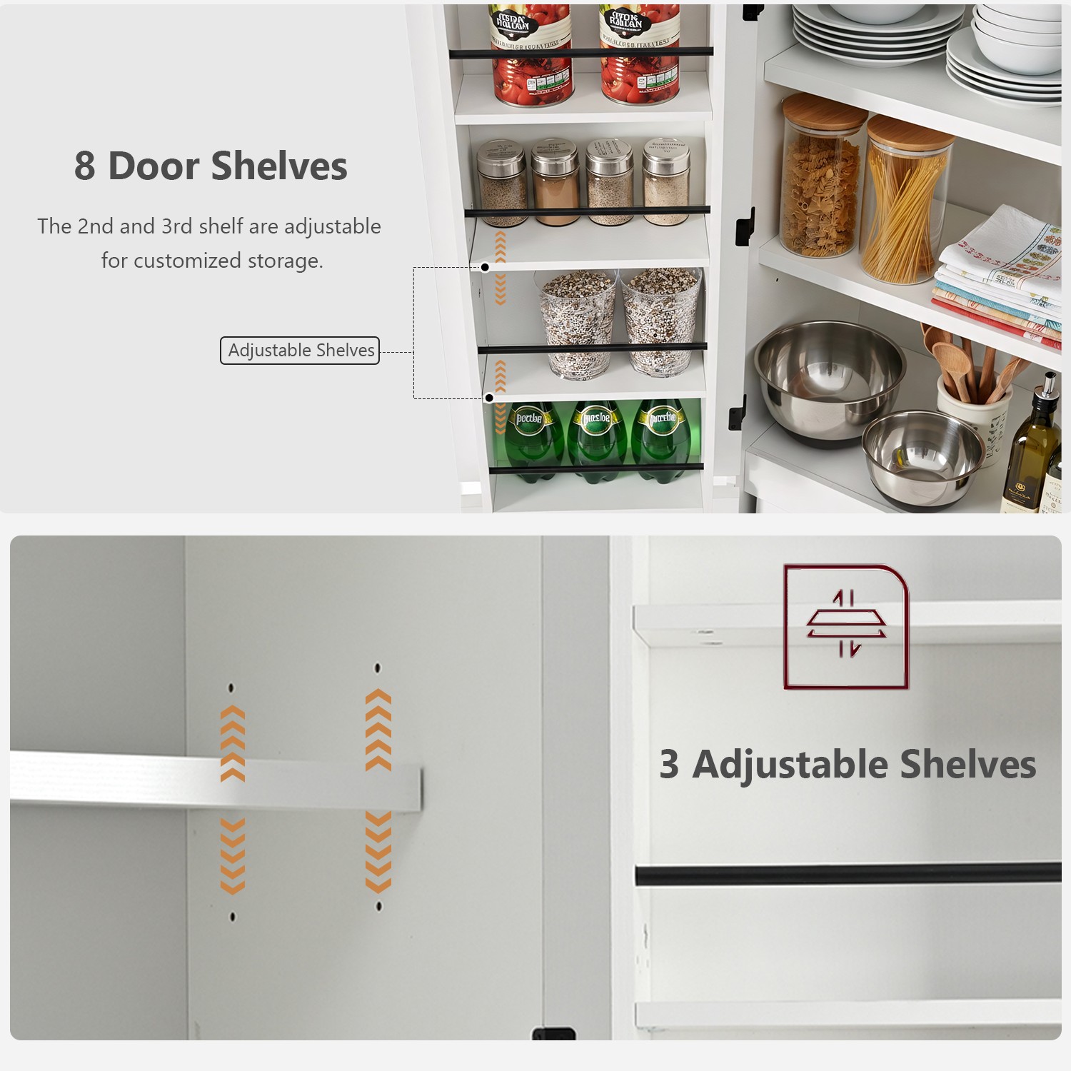 72" Tall Farmhouse Kitchen Pantry Cabinet with 8 Door Shelves, Curved Design Storage Cabinet with 3 Adjustable Shelves, Hidden Drawer, Versatile Cupboard for Kitchen, Dining & Bathroom, White