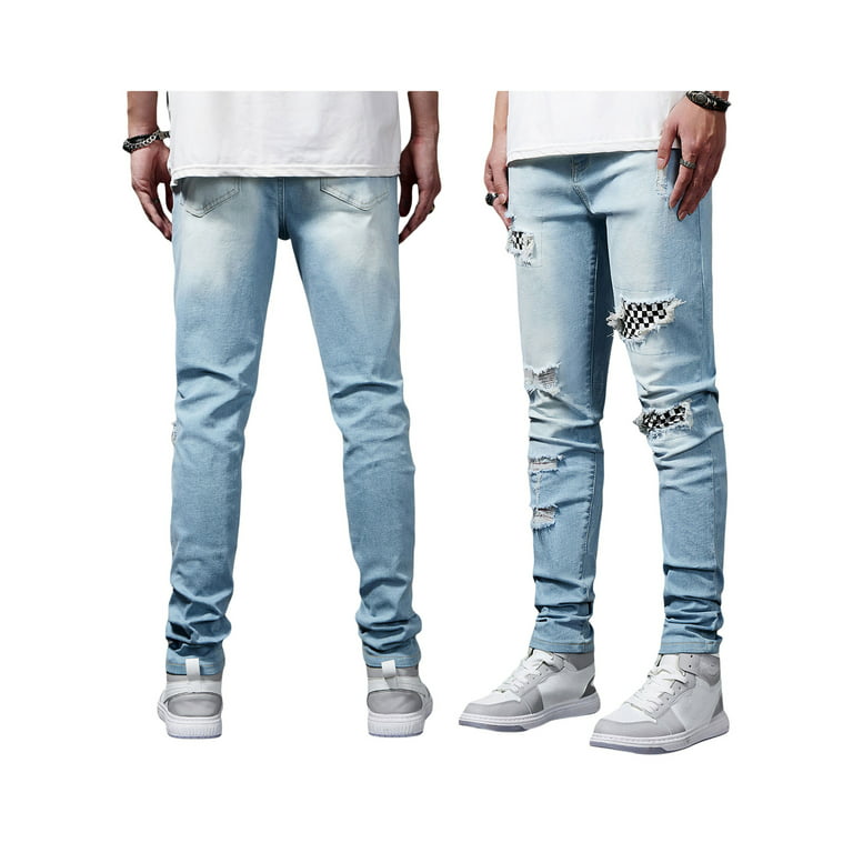 TheFound Men's Skinny Distressed Ripped Jeans Destroyed Stretchy Knee Holes Slim Tapered Jeans Light Blue 31 - Walmart.com