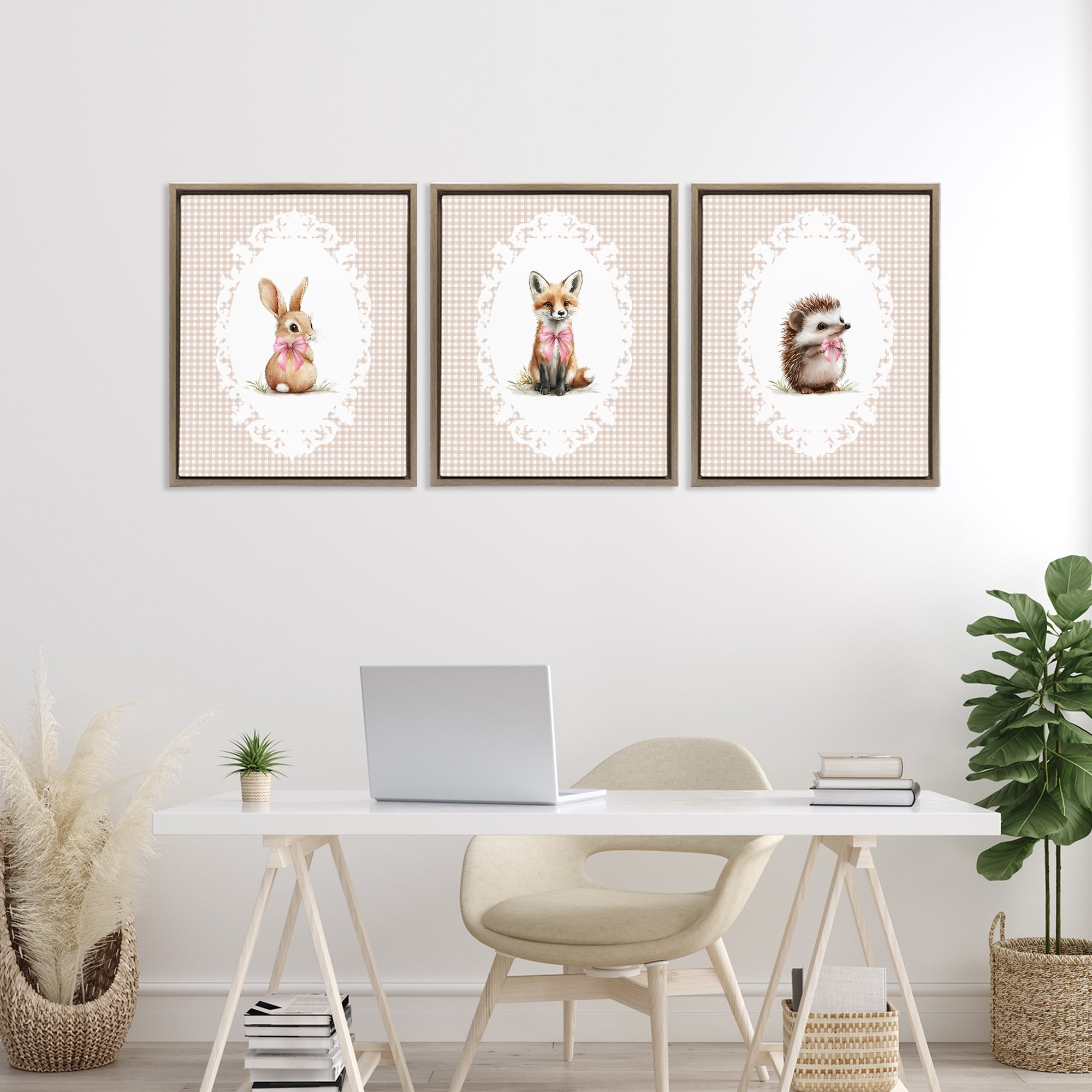 Stupell Industries Vintage Baby Bow Animals 3 Piece Brown Framed Floater Canvas Set, design by Christine Simpson Art