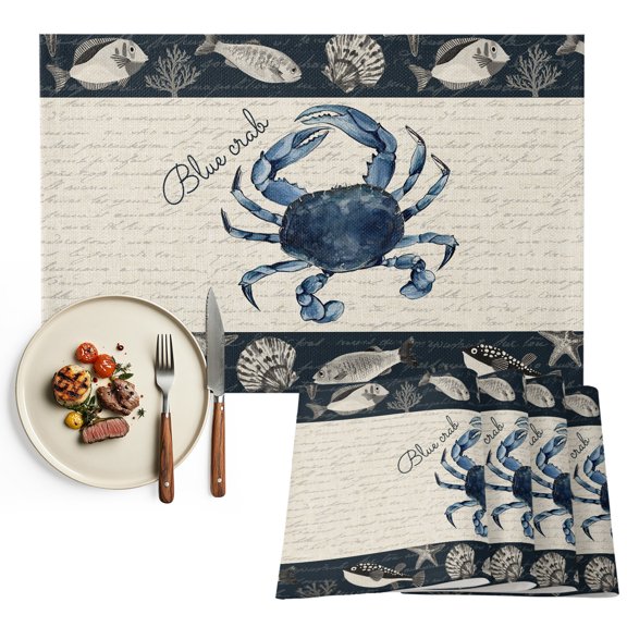 Coastal Crab Placemats Set of 2, Nautical Ocean Beach Fish Starfish Washable Wipeable Table Mats for Dining Tables, Indoor Outdoor Kitchen Place Mats for Holiday Party Table Decor