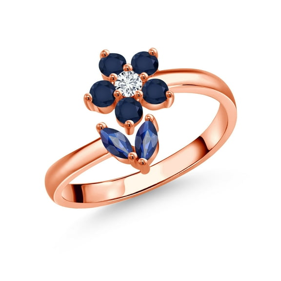 Gem Stone King 18K Rose Gold Plated Silver Blue Sapphire and White Lab Grown Diamond Flower Open Ring for Women (0.56 Cttw, Gemstone September Birthstone, Size 7)