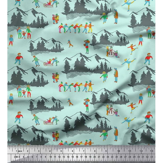 Soimoi Green Modal Satin Fabric Humans,Sleigh & Mountains Holiday Print Fabric by Yard 42 Inch Wide