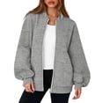 thumbnail image 6 of Women's Zip Up Sweatshirts No Hood Long Sleeve Solid Sweatshirts Casual Spring Fall Lightweight Oversized Bomber Jackets, 3XL, 6 of 7