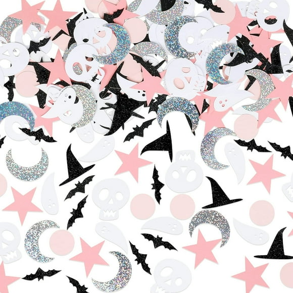 Ghostly Charm Pink and Black Confetti Set for Baby Showers and Birthdays - 200 Pieces of Whimsical Bat and Ghost Table Decor for Festive Celebrations