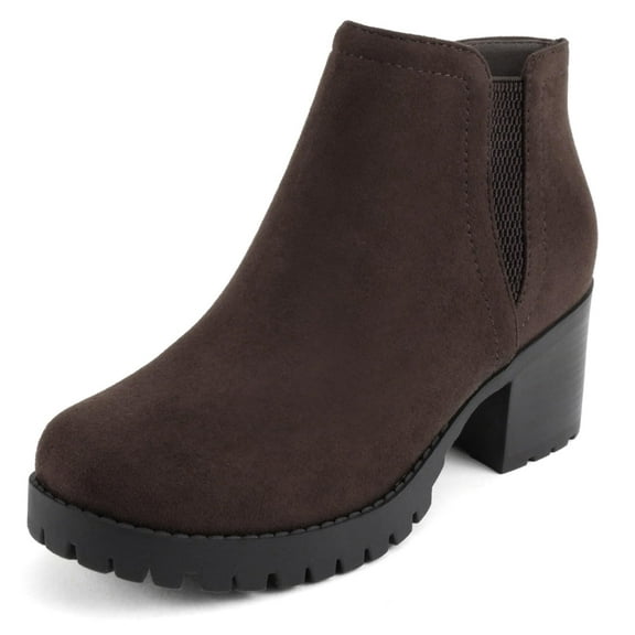 Soda Women Ankle Boots Chunky Lug Sole Side Zipper Short Block Heel Elastic V Cut Booties THUMB-S Dark Brown Tobacco Suede 7