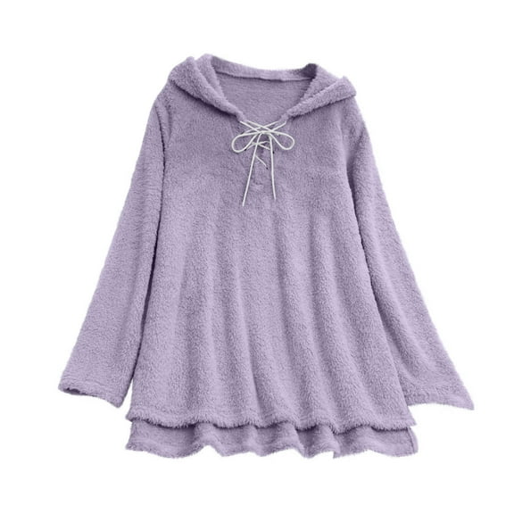 Lenpel Women's Fuzzy Fleece Hoodies Long Sleeve Drawstring High Low Oversized Pullover Pajama Tops Plush Warm Tunic Sweatshirts(Purple,X-Large)